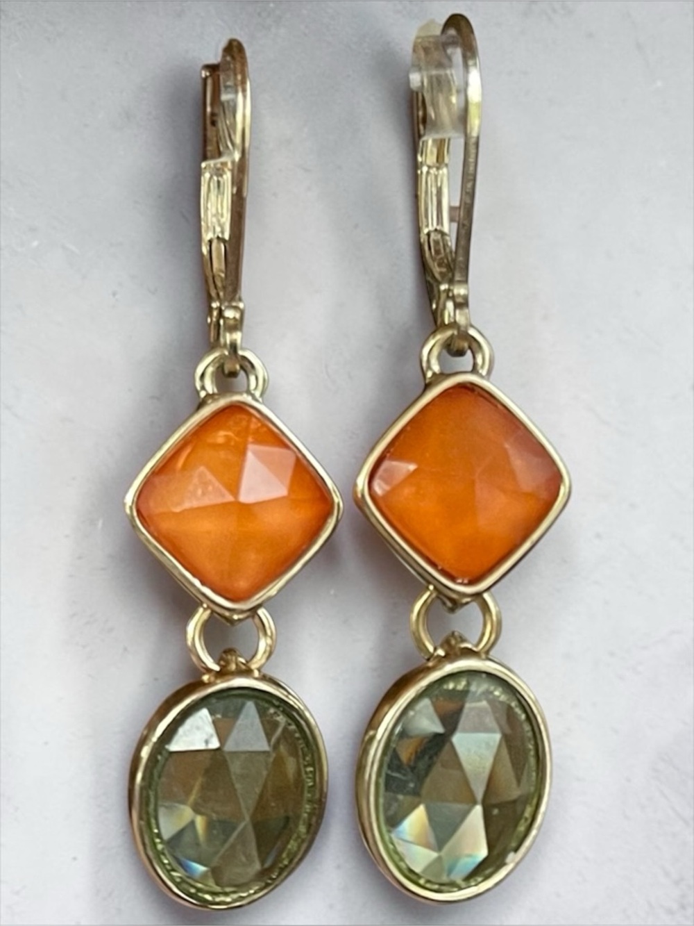 Faceted Orange & Olive Green Crystal Look Drop Earrings